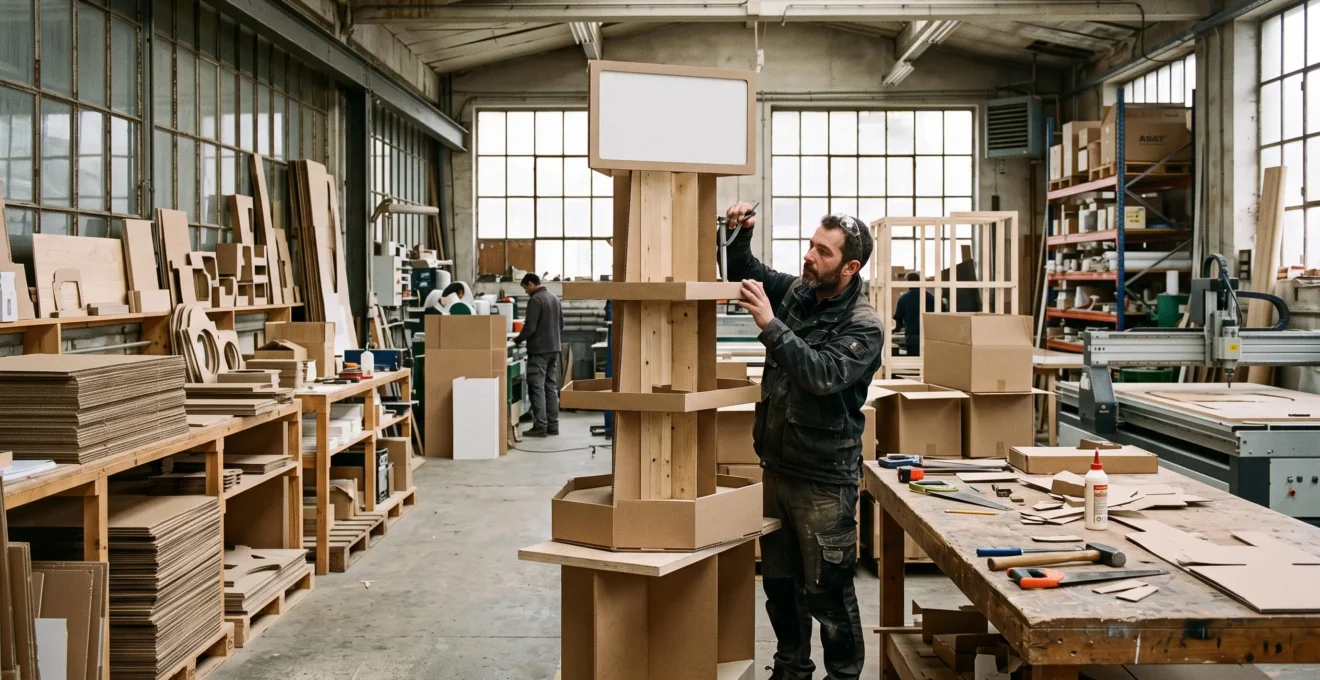 Un technicien assemble un présentoir de PLV sur-mesure dans un atelier de fabrication.