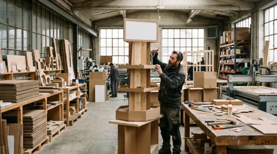 Un technicien assemble un présentoir de PLV sur-mesure dans un atelier de fabrication.