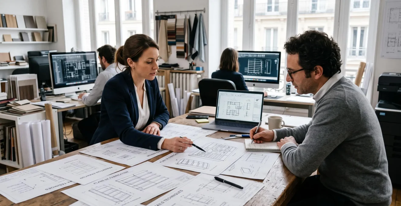 Un chargé de projet et un client examinent des plans techniques de présentoirs sur une table.