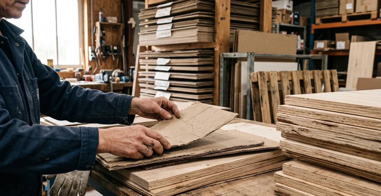 Des mains manipulent des panneaux en carton recyclé et bois certifié dans un atelier.